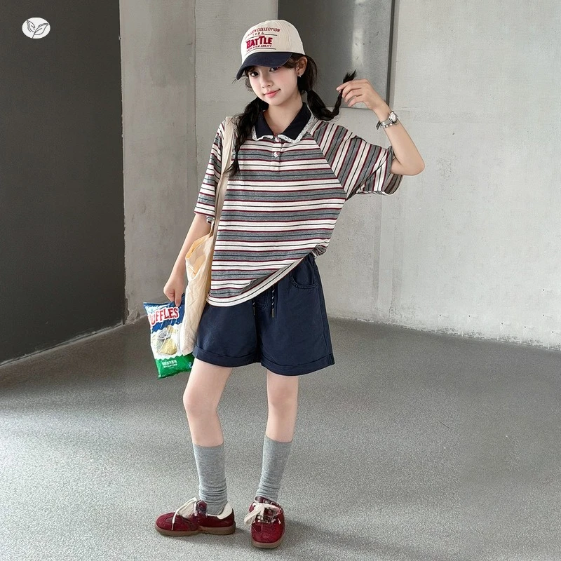 Girls Summer Set 2026 New Striped Shirt Rolled Hem Shorts Two Piece Set Casual Style for Big Kids