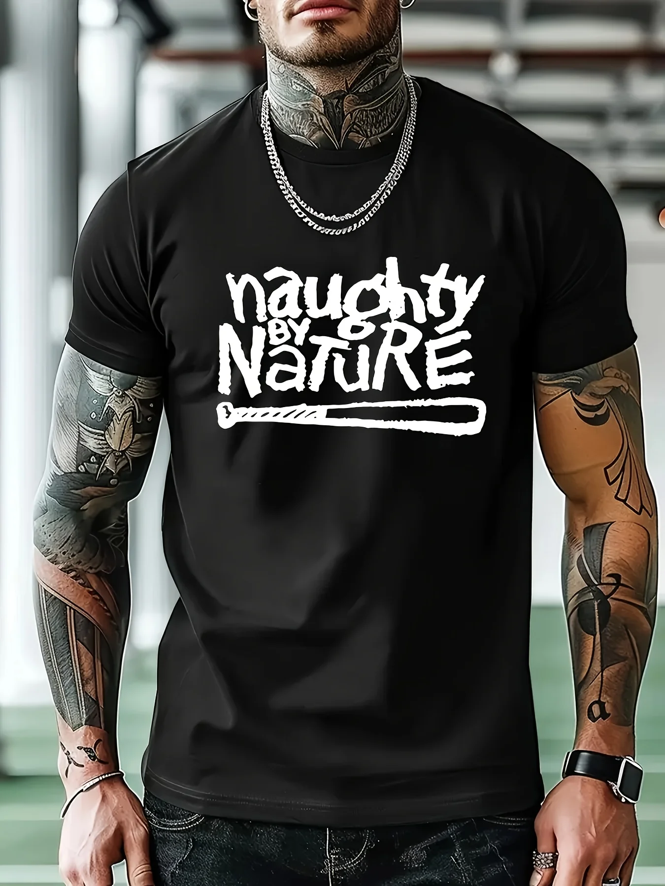 

MenS Casual Naughty Nature Graphic T-Shirt Short Sleeve Round Neck Summer Outdoor Wear Tattooed Man Model, Casual Attire