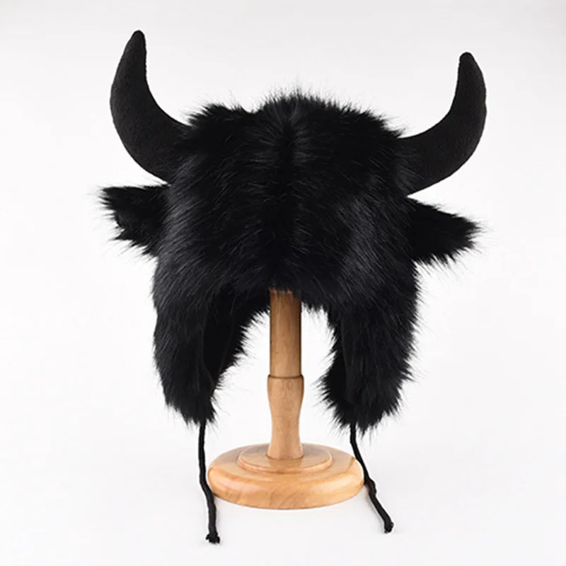 

Imitation Fox Fur Cow Horn Decoration Cap Winter Warm Ear Protection Wind Snow Women Men Halloween Party Cosplay Hat