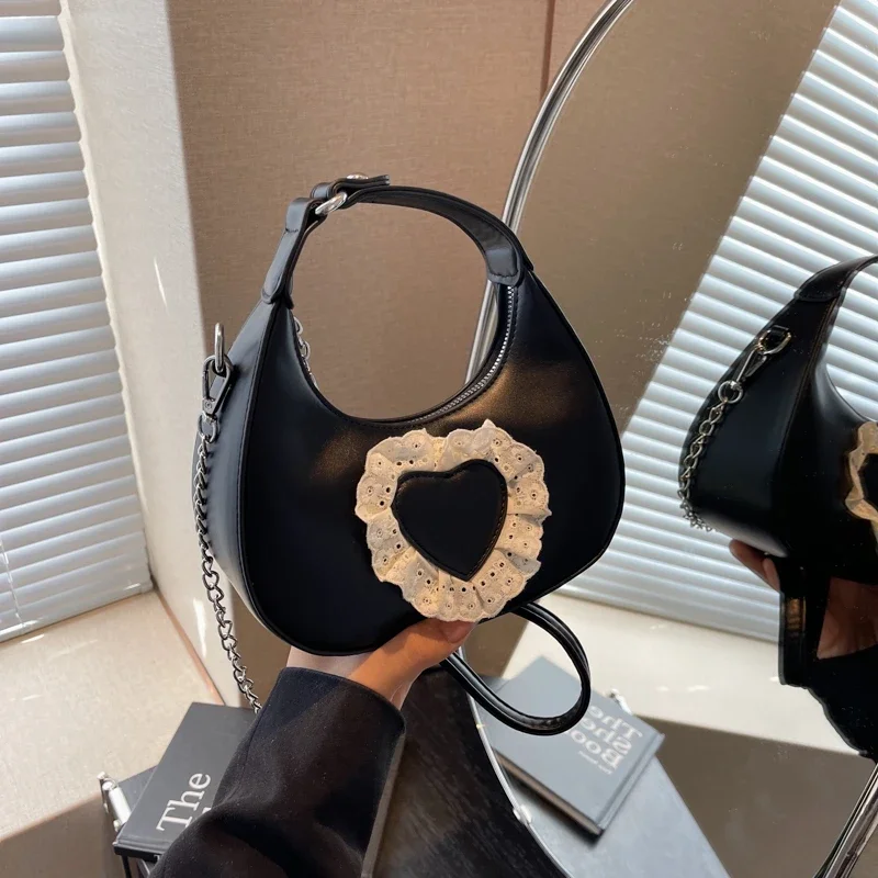 

Solid Color PU CHAINS Lace Half Moon Designer New 2025 Fashion Women's Bags Popular Zipper Versatile Fashion Shoulder Bags