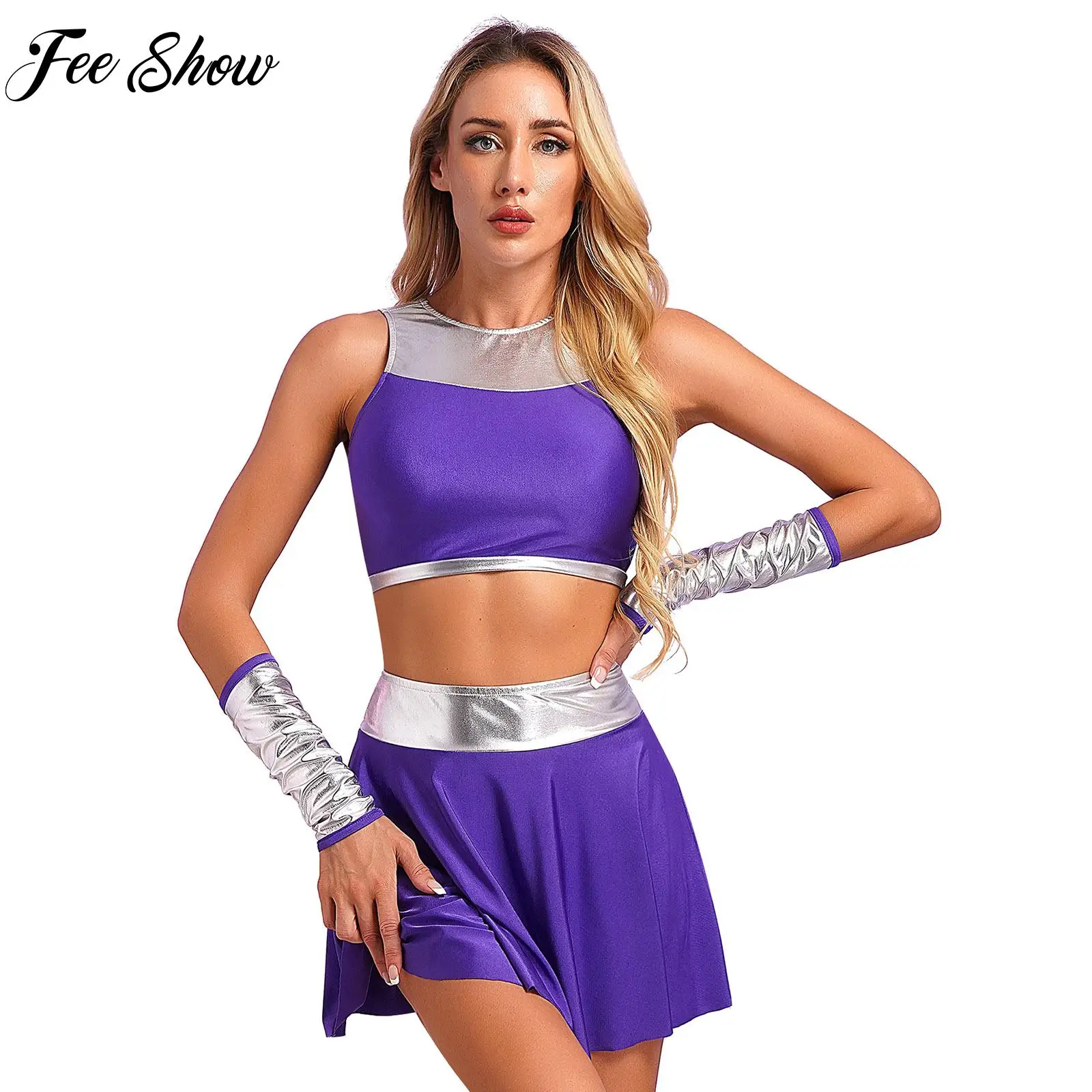 Womens Halloween Metallic Patchwork Suit 4-Piece Outfits Sleeveless Crop Top Gloves And Mini Swing Skirt Cosplay Costumes