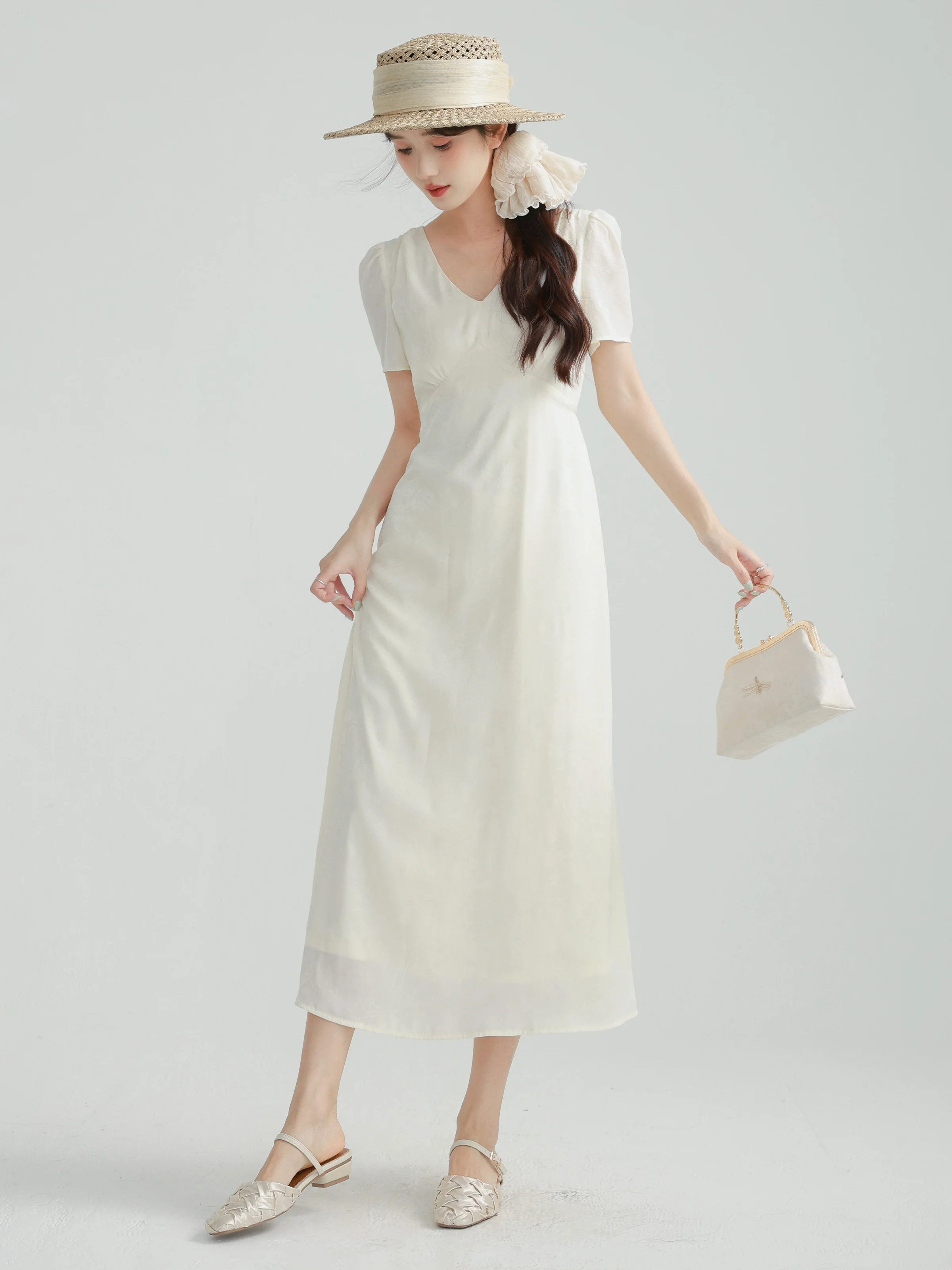 ชุดเดรสผ้าซาตินลายแจ็คการ์ด คอวี แขนสั้น เอวสูง ทรงเอ สไตล์ลำลอง สำหรับงานปาร์ตี้และงานกลางคืน