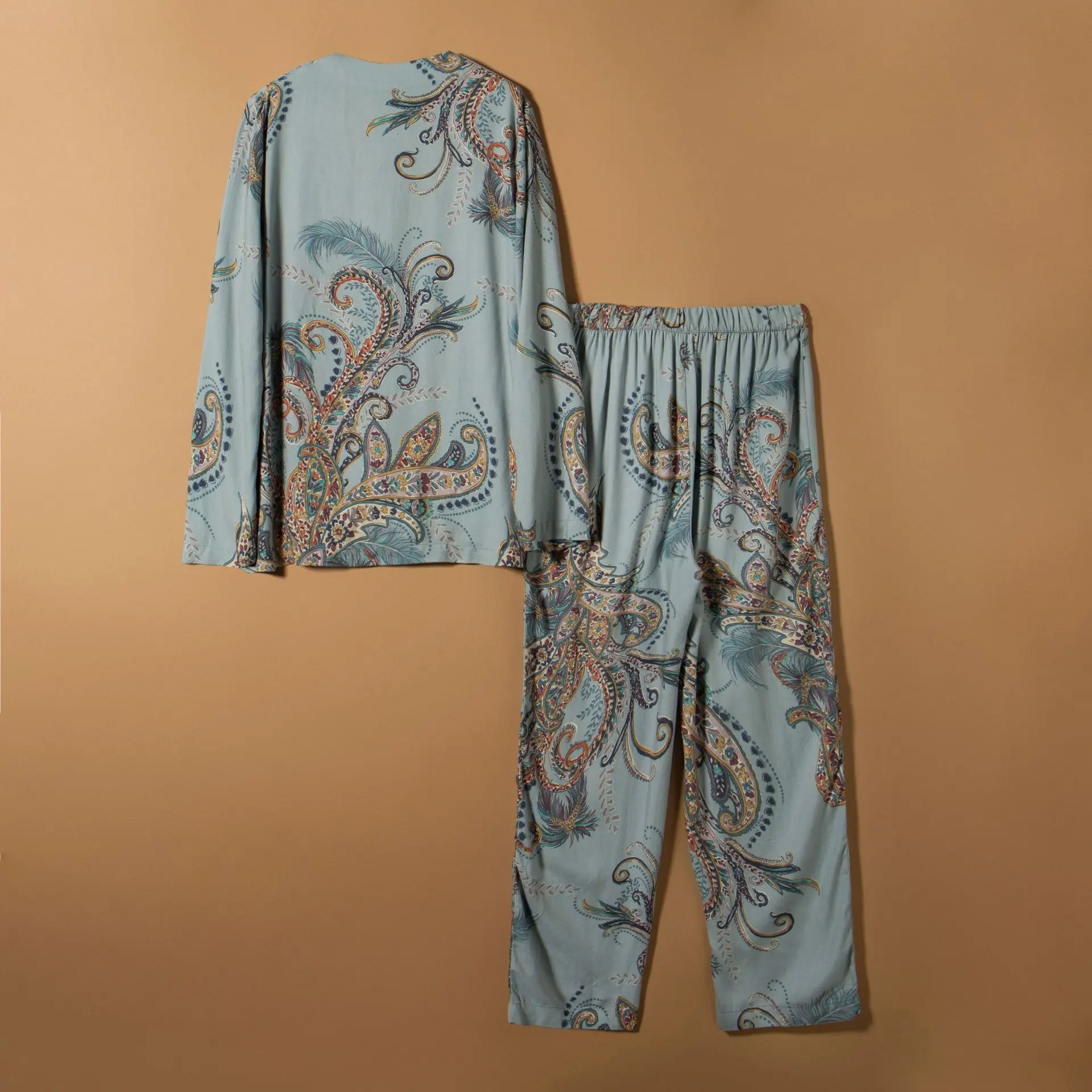 Women Cotton Viscose Pajamas Set Sleepwear Japanese Style Print Flower Feather Trouser Pijamas Suit Spring Autumn Loose Homewear