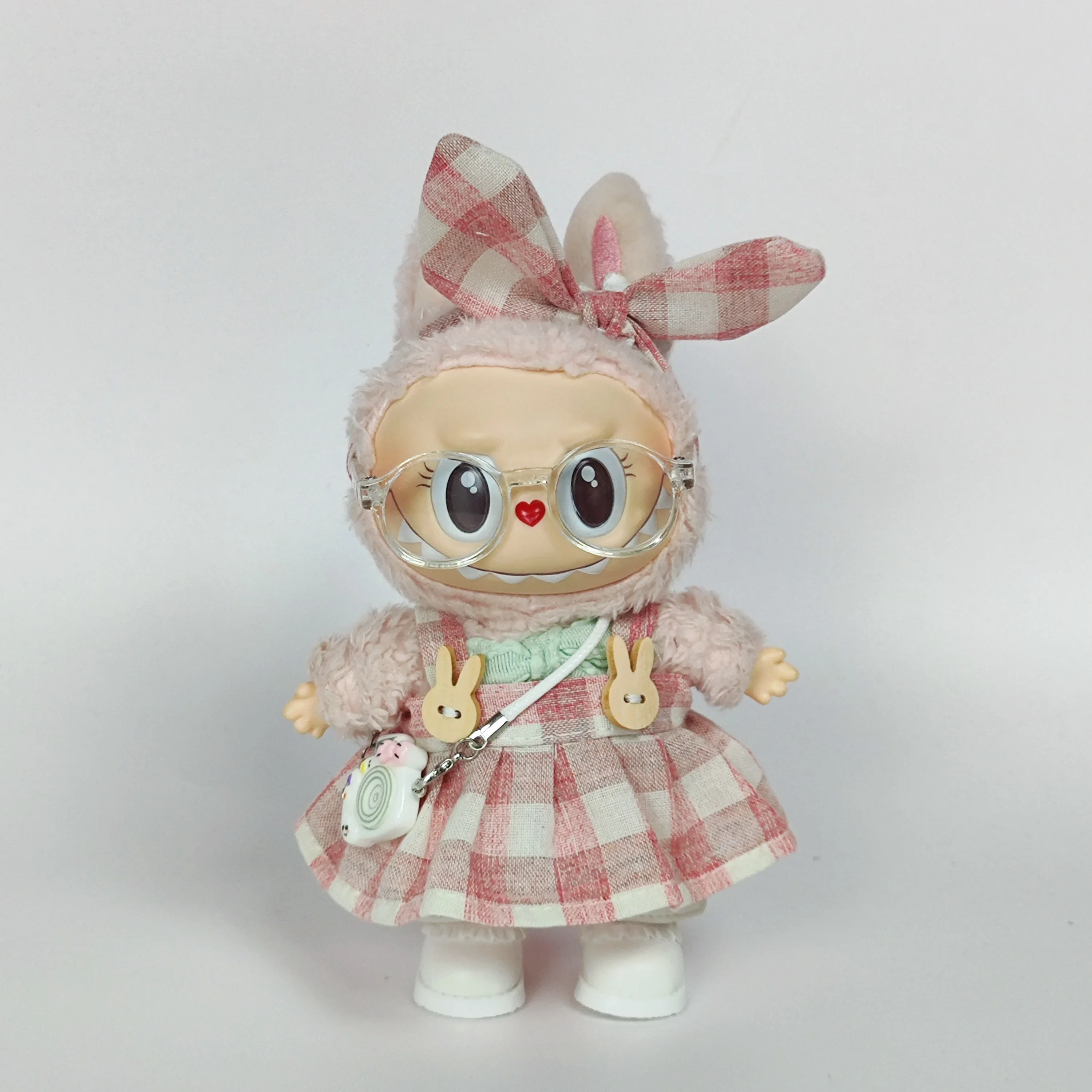 

15-17cm Labubu Plush Doll'S Clothes Outfit Accessories For Labubu Idol V1 V2 sitting party Candy plaid skirt headband set
