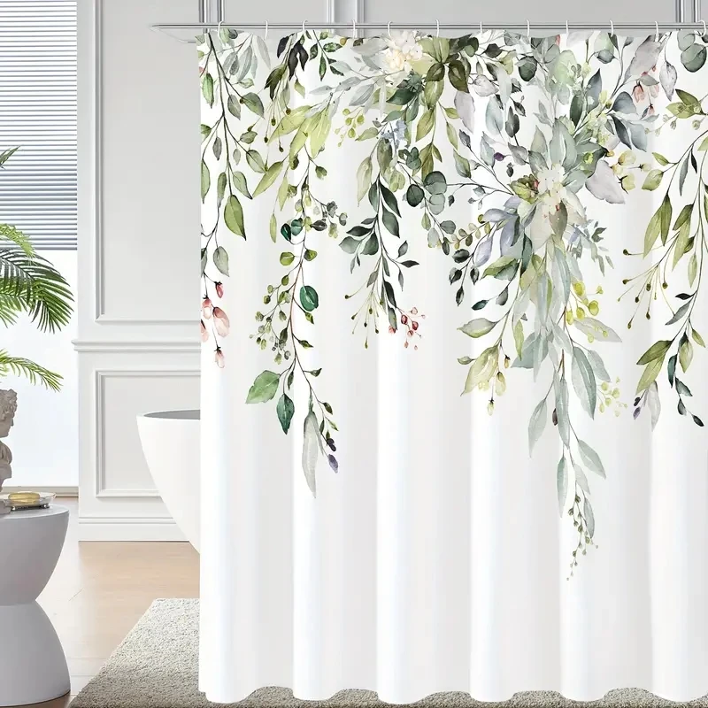 1PC Plant Floral Shower Curtain with Plastic Hook - Modern Abstract Floral Design, Chic Bathroom Decoration