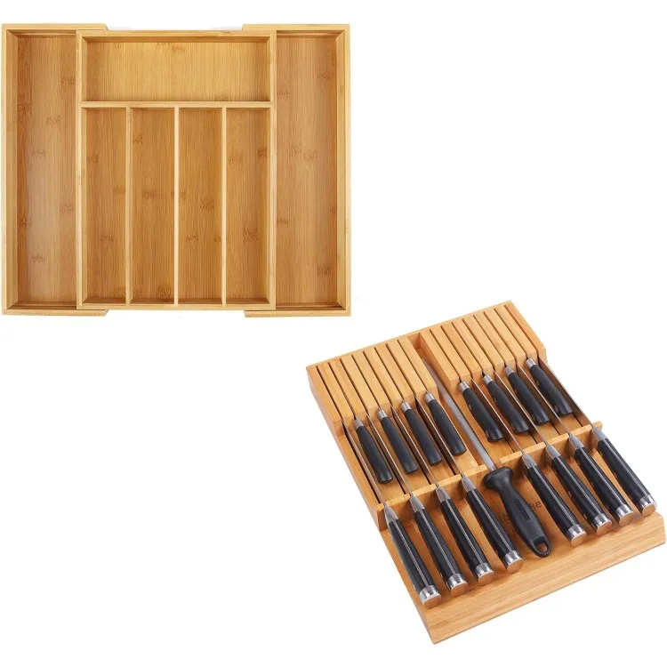 In-drawer Knife Block Bamboo Kitchen 16 Knife Drawer Organizer and Bamboo Expandable Cutlery Organizer Tray