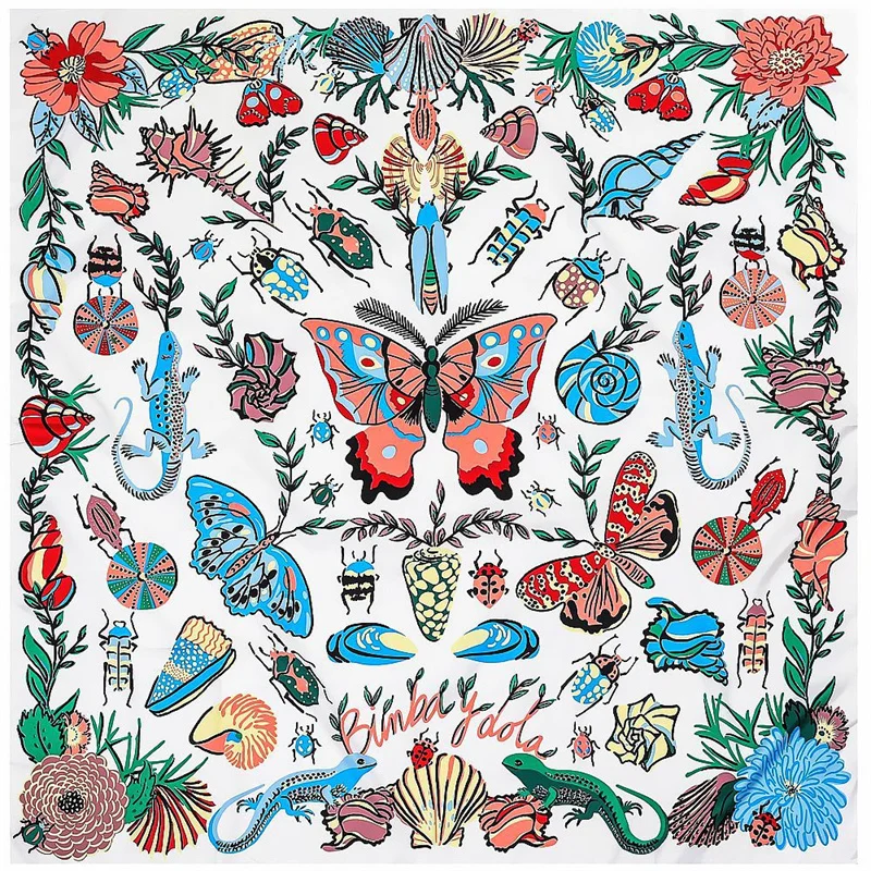 Rural Ethnic Style 130cm Large Square Scarf Silk Simulation  Cicada Print Versatile Decorative Shawl for All Seasons