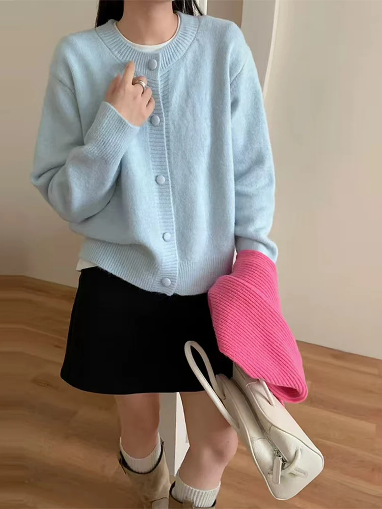 

Корейский круглый вязаный свитер, пальто, женский свободный повседневный дизайн, осень-зима, мягкая ткань на одной пуговице, длина до плеч