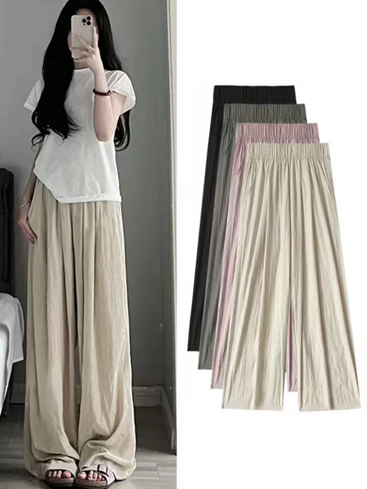 

Jmprs Summer Cool Women Pants Soft Elastic High Waist Trousers Loose Casual Solid Wrinkle Japan Fashion Female Pants