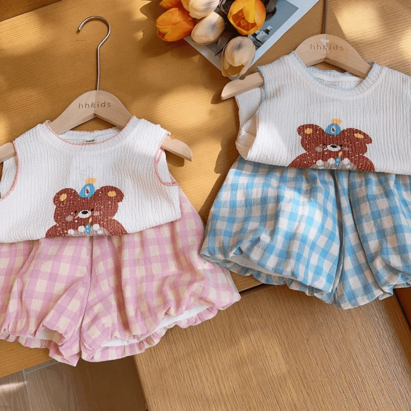 

New Product2024Summer New Sleeveless Vest Suit Fashionable Plaid Bud-Shaped Pants Children Cartoon Two Piece Set