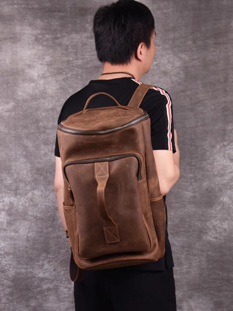 Handmade Mens Large Capacity Travel Bag Vintage Cowhide Genuine Leather Backpack Handbag Casual Totes Outside Hiking Backpack