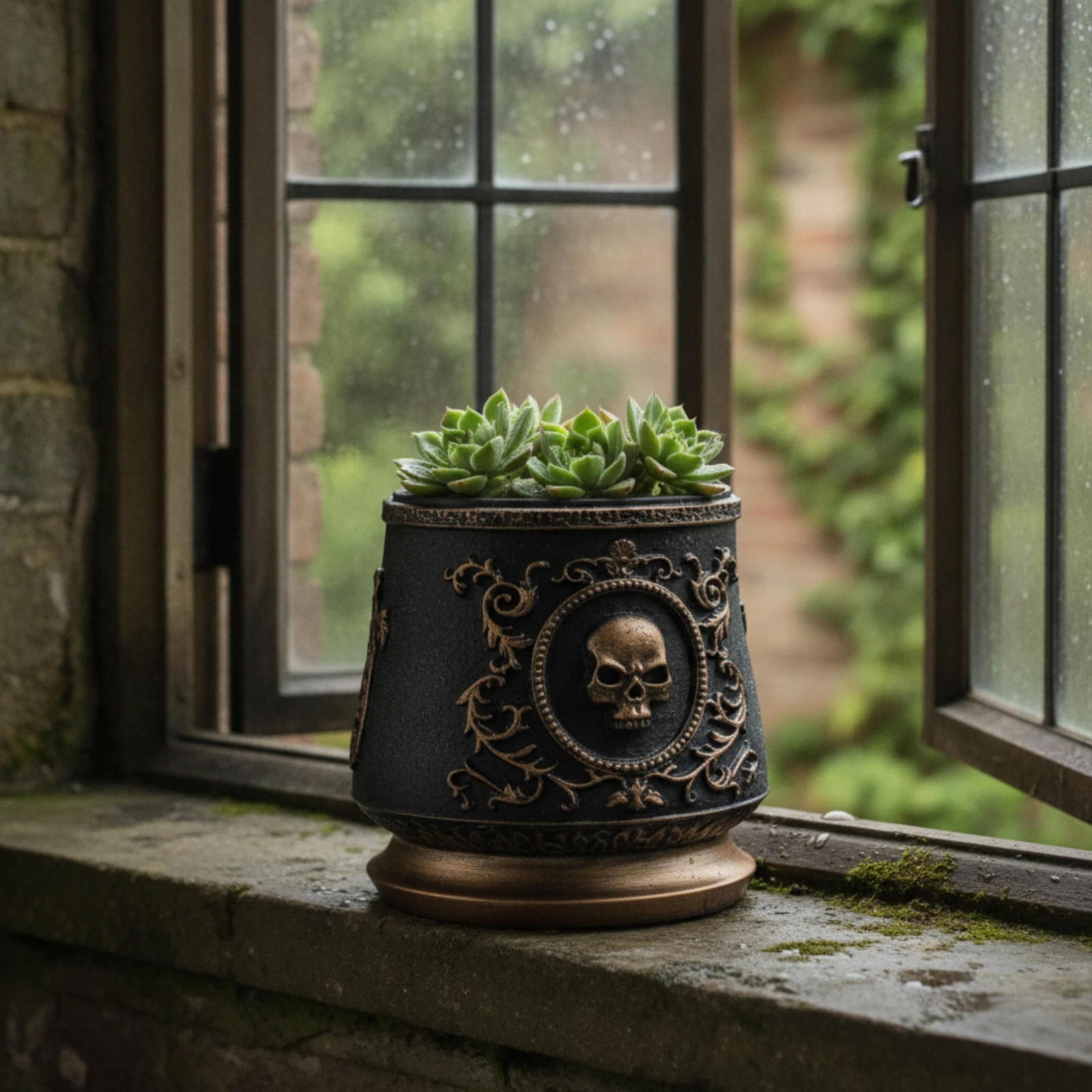 Skull Planter Ornate Planter with Skull Relief Flowerpot Decorative Halloween for Goth Decor Lovers, Desk, Windowsill