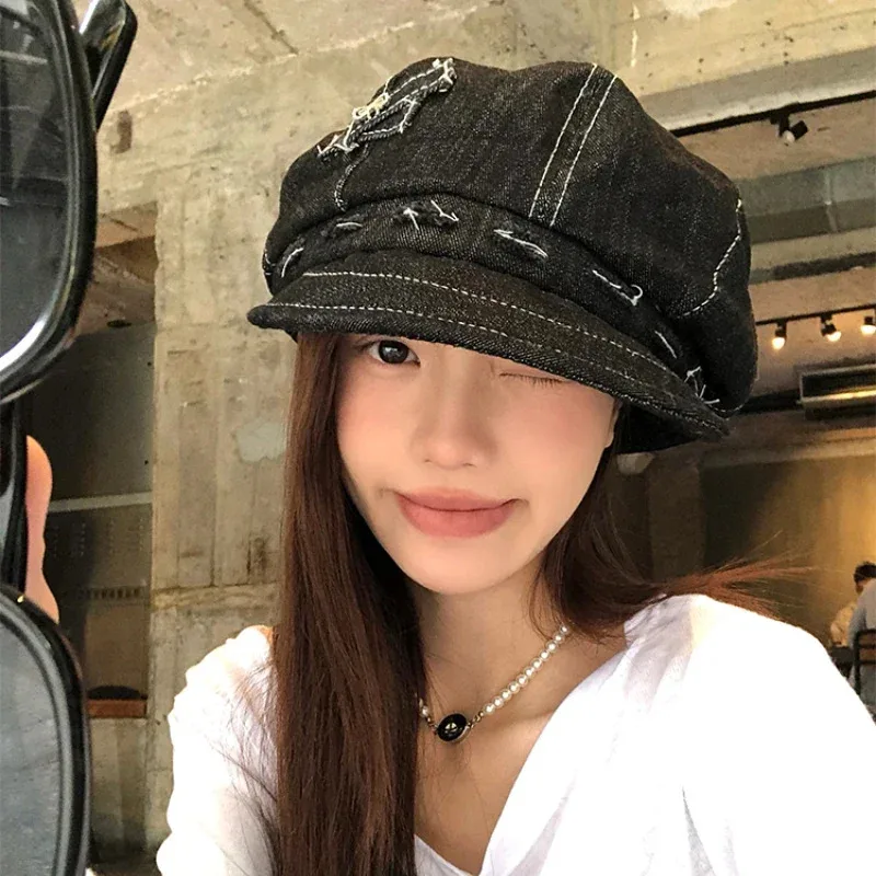 

Oversized Black Denim Newsboy Hats for Women Spring and Autumn Casual Versatile Show Face Small and Sweet Y2K Berets Cap