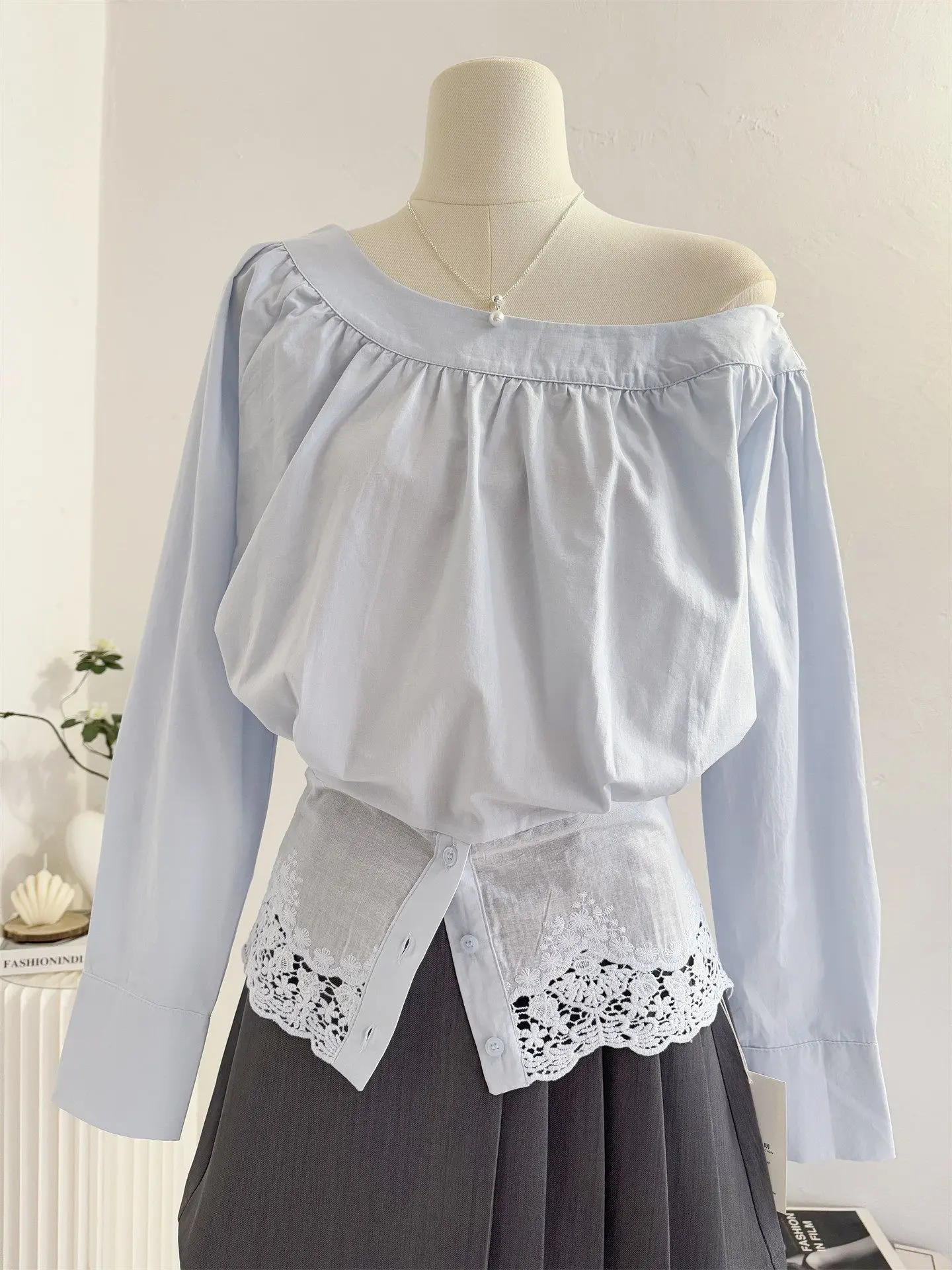 

Korean Style Sloping Collar Off Shoulder Shirt For Women In 2026 Spring, Lace And Lace Patchwork Waist Cinching Top