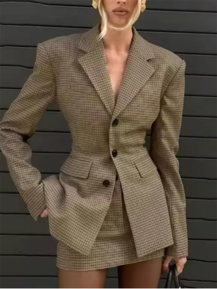

Модные комплекты блейзеров и мини-юбок с решетчатым принтом «Тысяча птиц», осенние новые комплекты из двух предметов для поездок на работу, элегантный наряд с длинными рукавами и лацканами