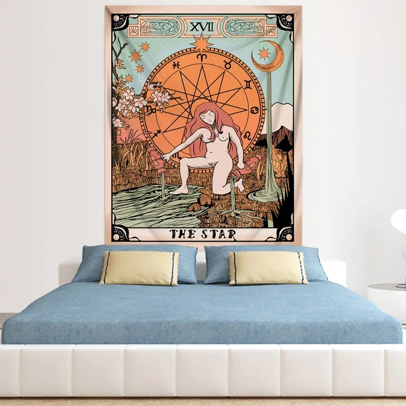 نسيج علم التارو للغرفة ، الشمس القمر والنجم ، علم تنجيم السحر القديم العتيق ، حورية البحر ، بطانية السرير ، قماش الجدار #5