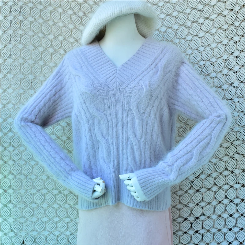 Women Fashion Jacquard Hairy Soft Angora Rabbit Hair Thick Warm V-Neck Long Sleeves Crop Top Slim Sweater Jumper Pull Tops