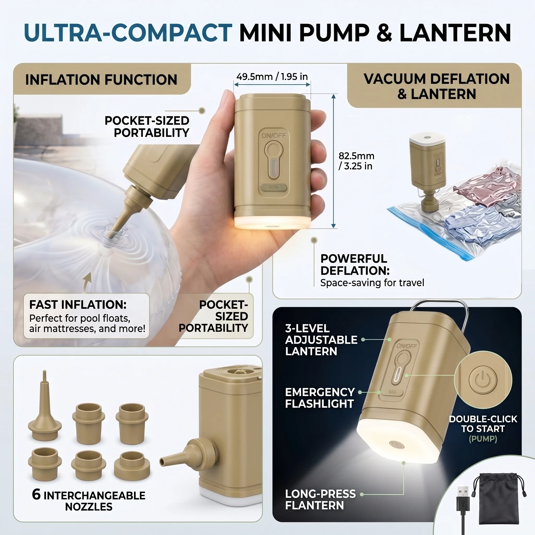 Cordless Mini Air Pump USB-C Rechargeable 1200mAh, Hangable Inflator Deflator LED Light for Air Mattress Pool Floats Camping view 5
