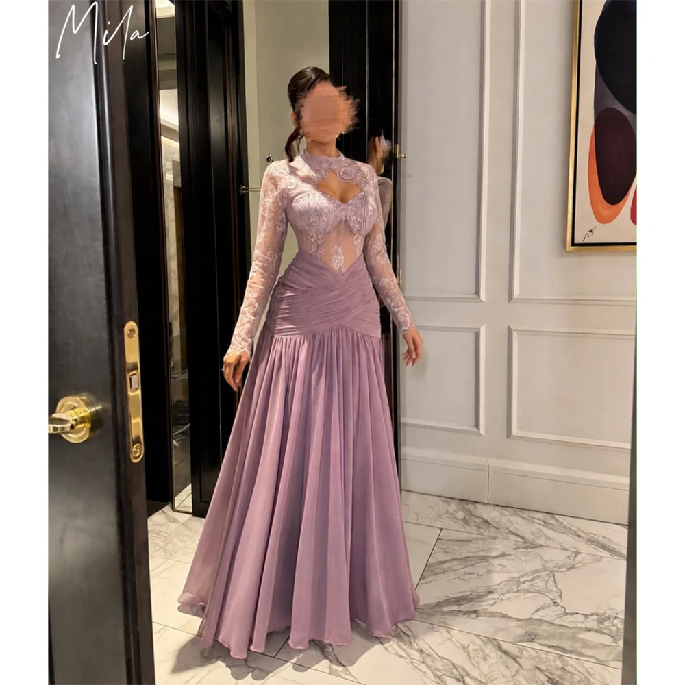 Vestido de Fiesta Elegante Personalizado Mila, Color Lavanda, Cuello Alto, Escote Recortado, Mangas Largas con Volantes, Vestido Largo Formal para Eventos