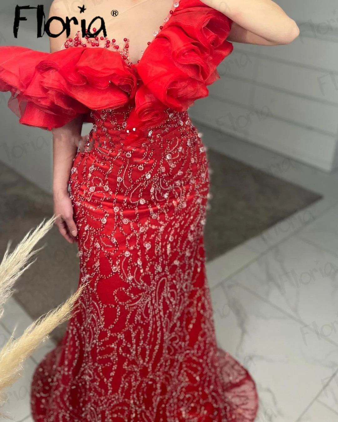 Floria Stunning Red Beaded Evening Dress Ruffles Mermaid Midi Long Duabi Arabic Prom Gowns Wedding Party Dress for Women 2024