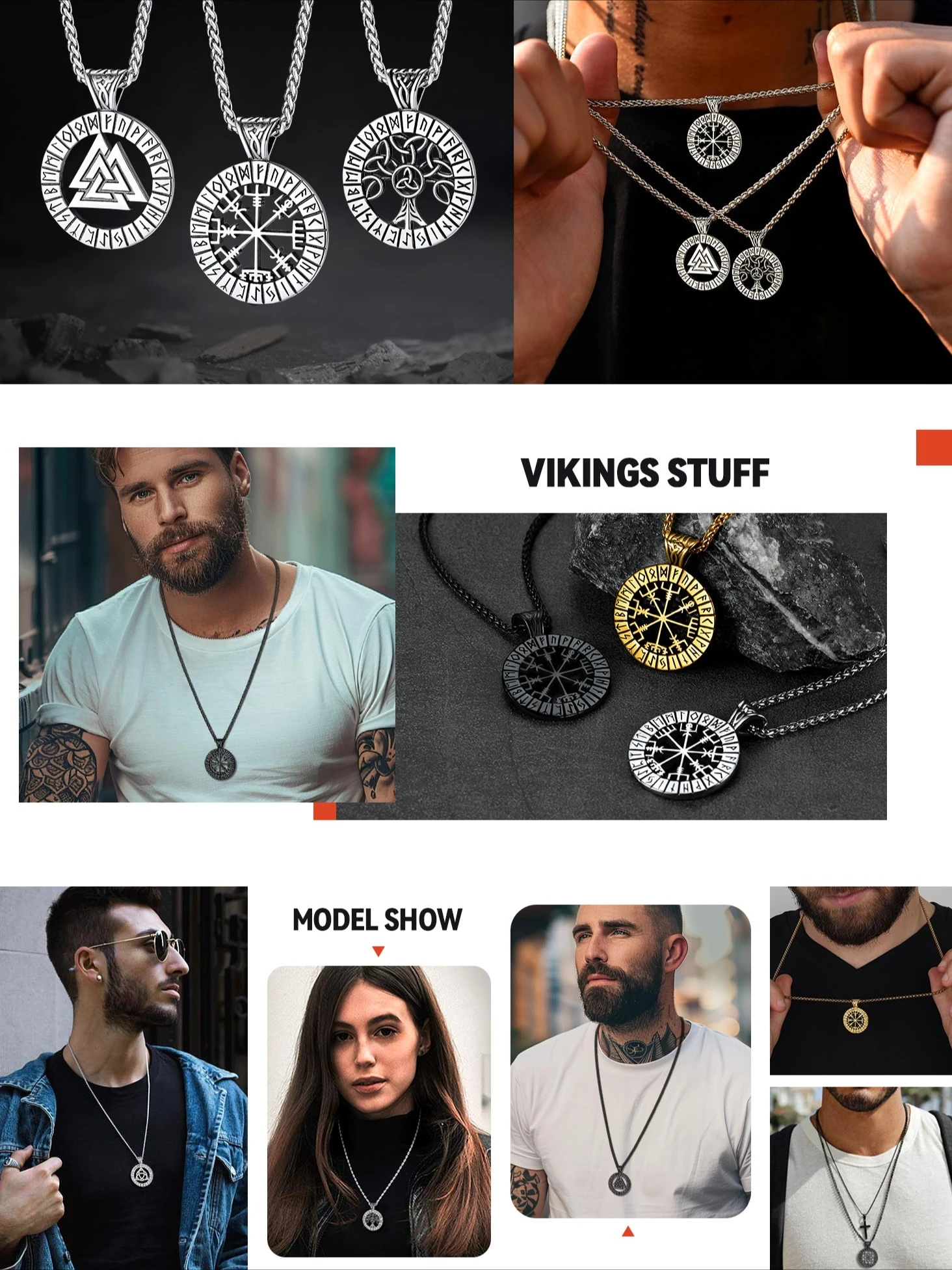 U7 Stainless Steel Nordic Viking Rune Necklaces for Men Woman Norse Mythology Power Symbol Runic Sun Valknut Hammer Jewelry Gift