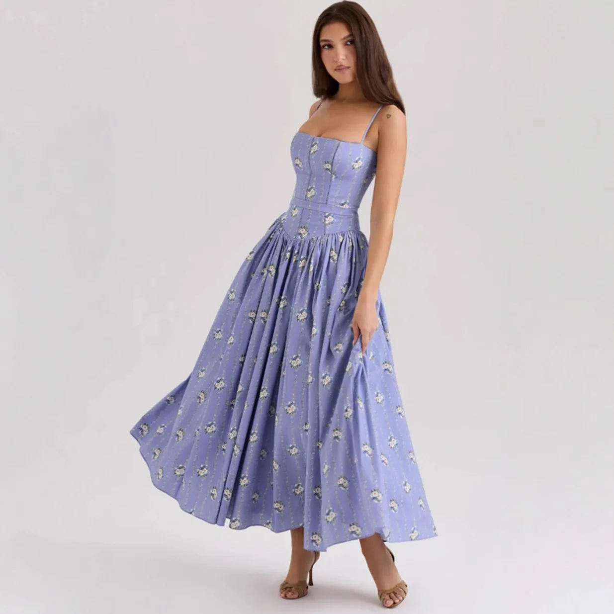Women's White Floral Print Corset Maxi Dress Spaghetti Strap Pleated A-Line Summer Elegant Long Vacation Gown view 3