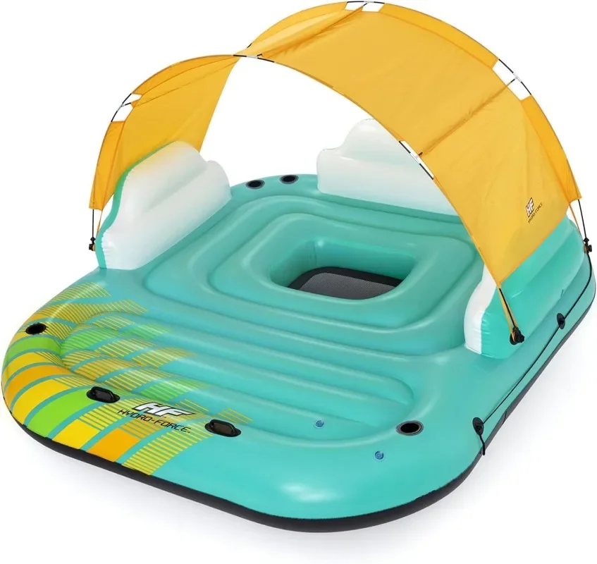 Bestway Hydro Force Sunny 5 Person Inflatable Large Floating Island Lake Water Lounge Raft with Cup Holders and Removable