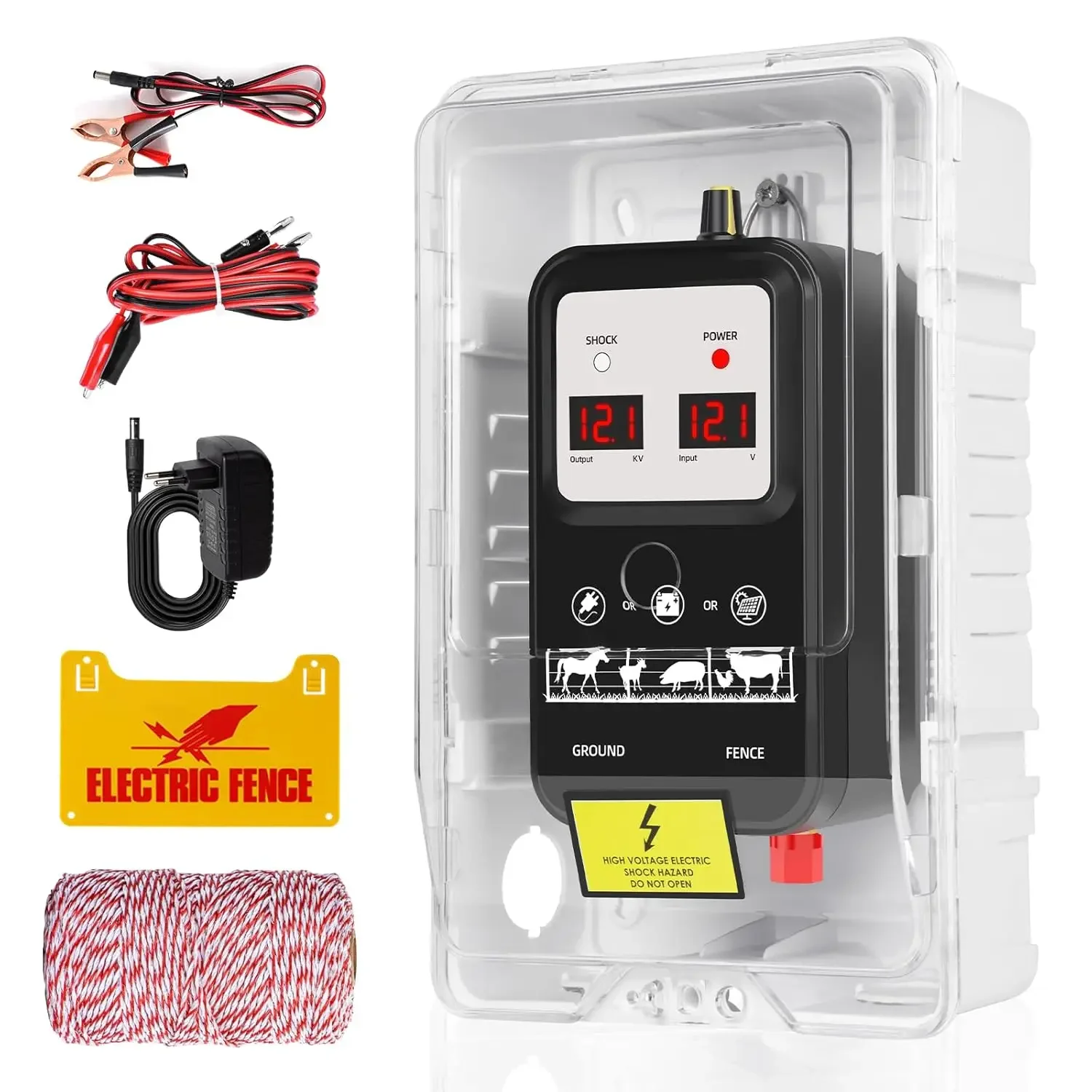 15Km Electric Fence Energizer 2 Joules 7-13Kv Electric Fence Charger for Livestock for Wildlife Prevention with 200M Cable