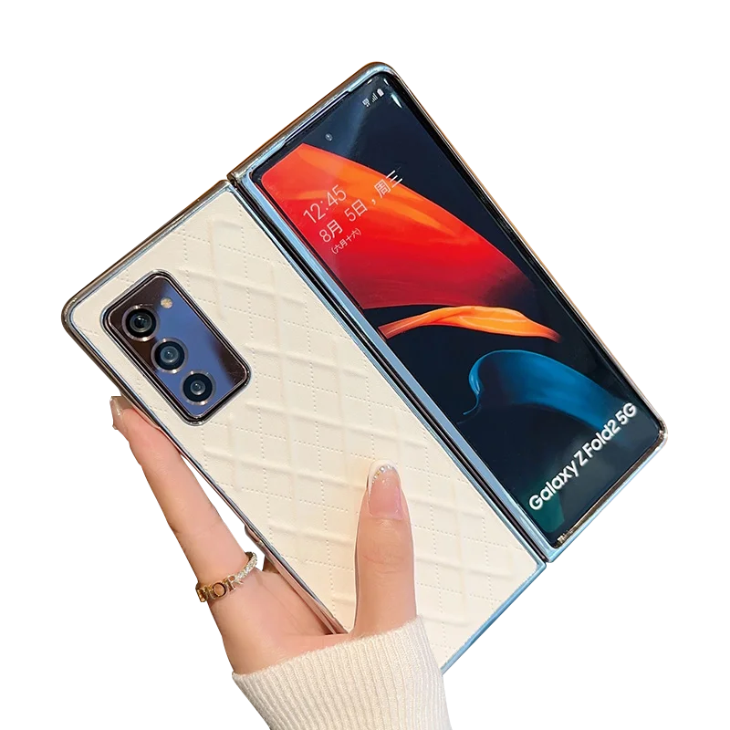 

For Samsung Galaxy Z Fold2 Leather Foldable Case Cubical Diamond Grid Pattern Raised Camera Lens Protection Plating Case Cover