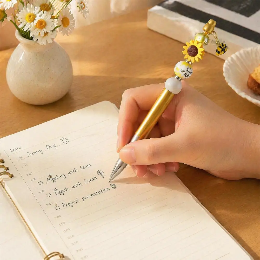 Sunflower Bee Beaded Ballpoint Pen Set, DIY Easy Assemble Ballpoint Pen Kits, Smooth Writing Pen, For Students Craft Supplies