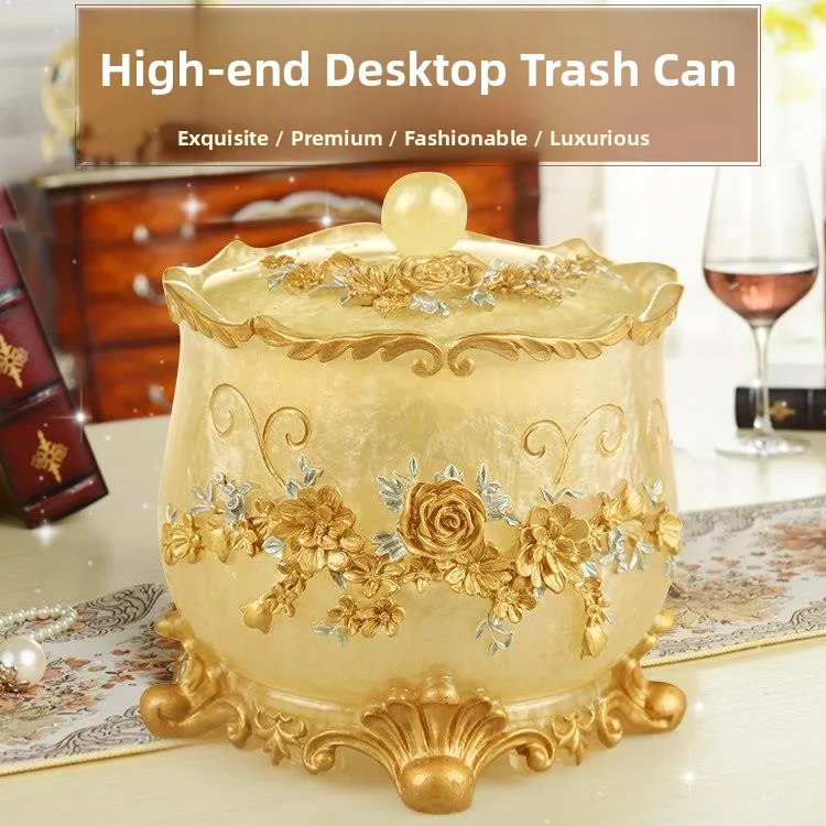 

Elegant European Style Trash Can for Living Room And Office Desktop Storage Bucket Luxury Touch Open Cover round Resin Bin