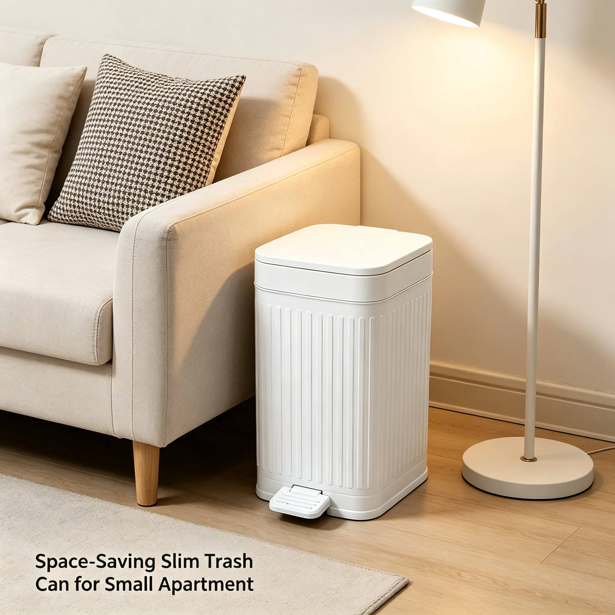 Vertical Ribbed Pedal Trash Can, Rectangular Narrow Foot‑Operated Garbage Bin with Removable Inner Bucket, Hands‑Free Waste Container for Bathroom Kitchen Apartment Home