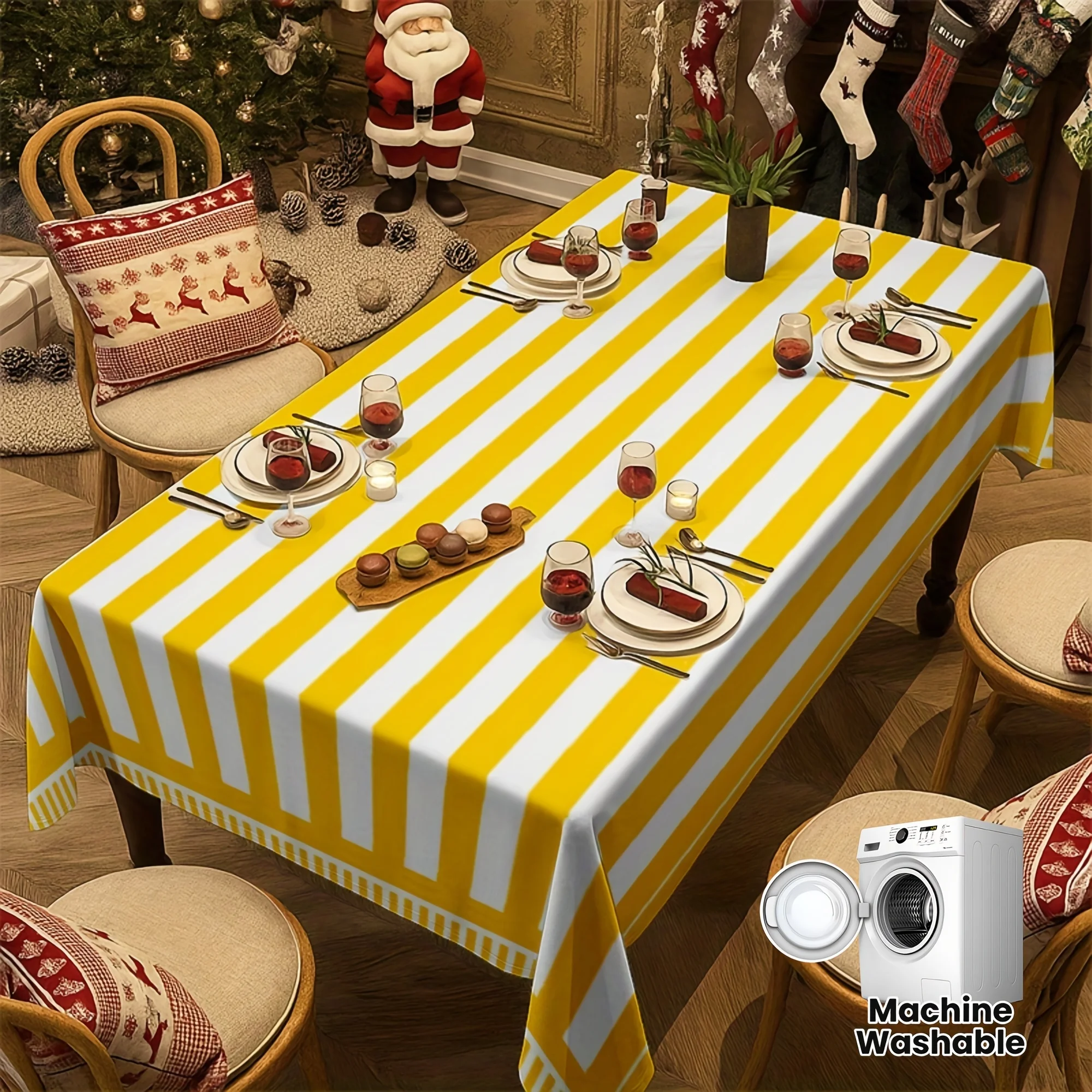 A soft, fashionable and attractive 2D yellow and white striped tablecloth, machine washable and easy to clean.