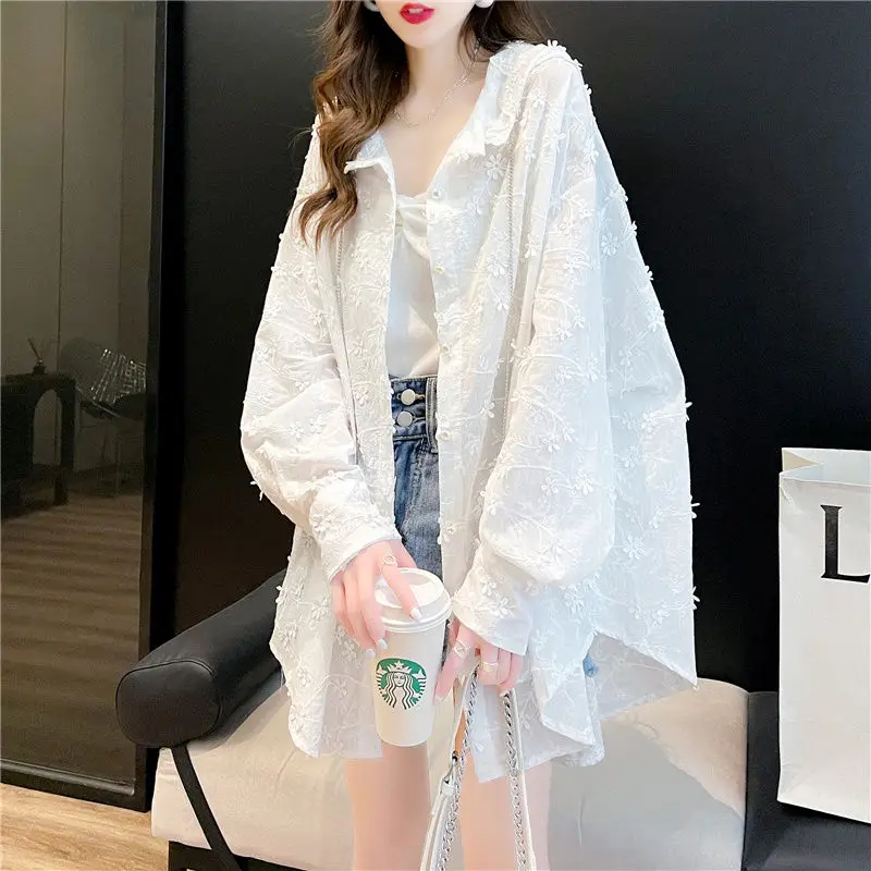 

Cardigan female coat 2023 Korean medium and long loose solid long-sleeved sunscreen women summer design loose cardigan coat