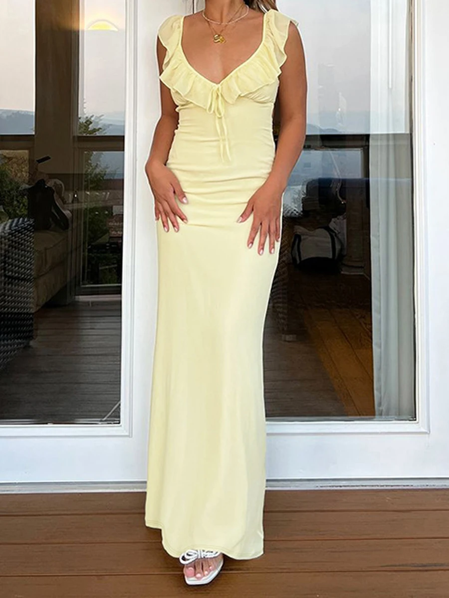 Women Ruffle Trim Cami Dress Slim Solid Color Deep V-Neck Open Back Tie Long Evening Dress for Party Club