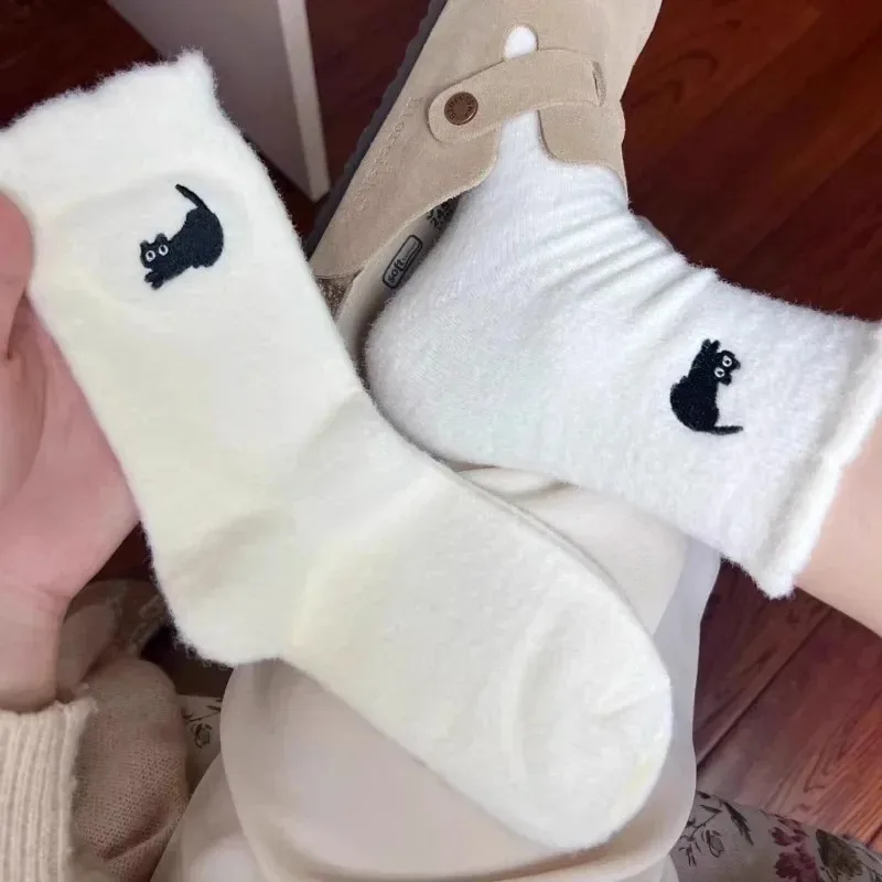 3 pares bonito gato vison velo meias macias para mulheres inverno quente engrossar coral meias de pelúcia térmica neve casa sono chão kawaii meia