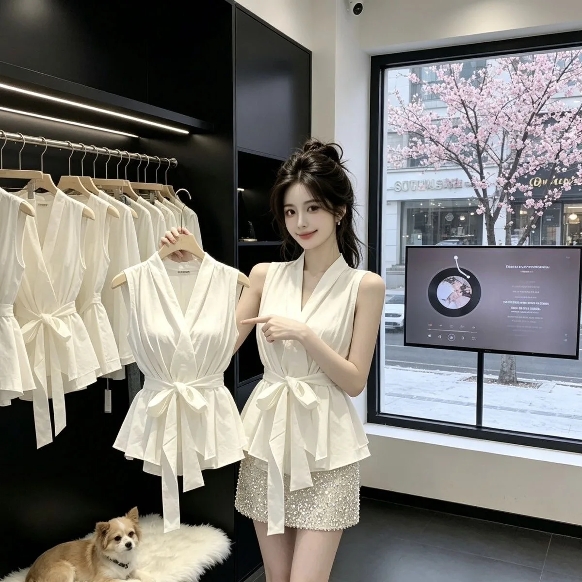 

Fashionable Sleeveless Neckline Shirt Belted Slimming Tie Design Summer New Arrival Elegant Women's Polyester Casual Shirt