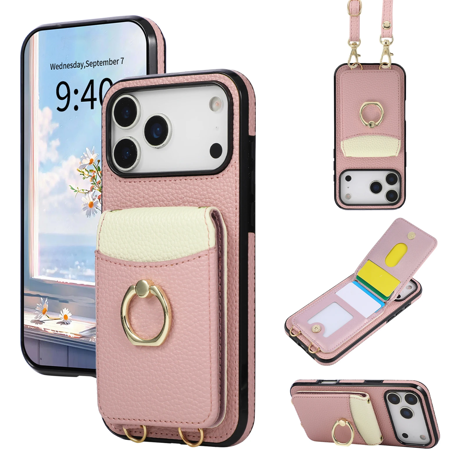 Umhängetasche mit Kartenfach 360 °   Ringständer-Handyhülle für iPhone 17 Pro Max 17E 16E 16 Plus 15 14 13 12 11 Pro Lederhülle