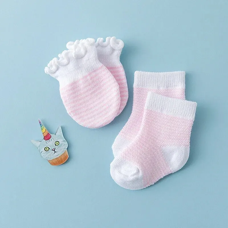 4Pair/Set Solid Color Baby Socks Gloves Set Cute Strip Elastic Infant Toddler Socks Soft Cotton Newborn Girl Boy Ruffle Mitten