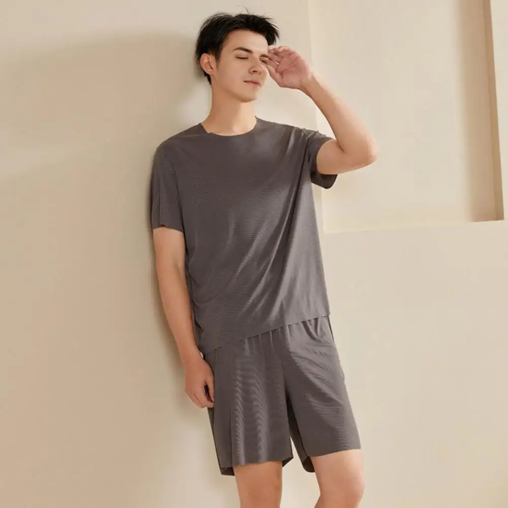 ルーズフィットパジャマセットメンズパジャマセット2ピースOネック半袖Tシャツ弾性ウエストショーツ無地ホーム快適