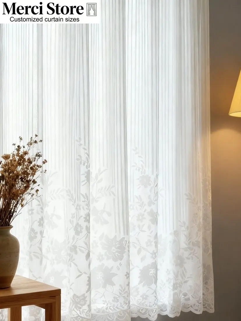 Custom Size French Light Luxury Lace Venetian Gauze Floral Striped White Gauze Curtains for Living Dining Room Bedroom Sheer
