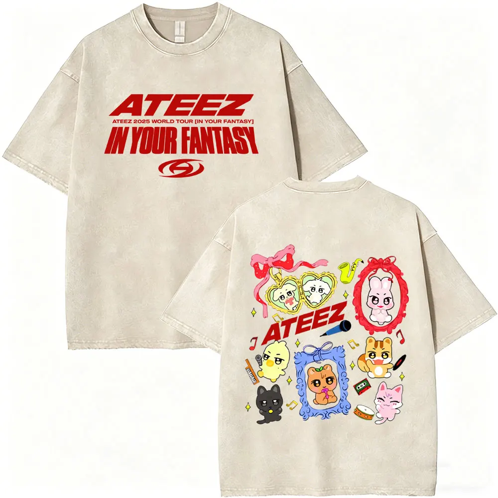 

Washed Vintage Korean Band ATEEZ in Your Fantasy World Tour T Shirt Funny Cartoon T-shirt Men Women Kpop Fashion Trend T-shirts