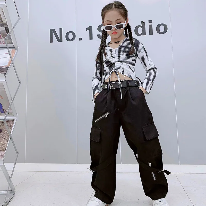 Jazz Dance Hip Hop Pants Baby Girls Clothes Teenage Black Cargo Pants Streetwear Belted Kids Clothing Y2k Zipper 6 To 16 Years