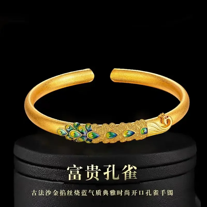 9999 real gold 24K yellow gold Ancient French Burned Blue Peacock Bracelet Chinese Style Solid Open Bracelet for Women