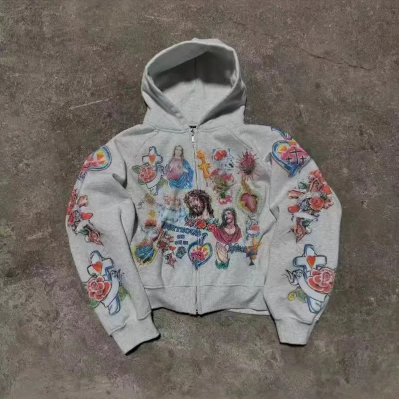 

Женская толстовка с капюшоном на молнии, с мультяшным принтом, повседневная, свободного кроя, из полиэфирного волокна, 2024