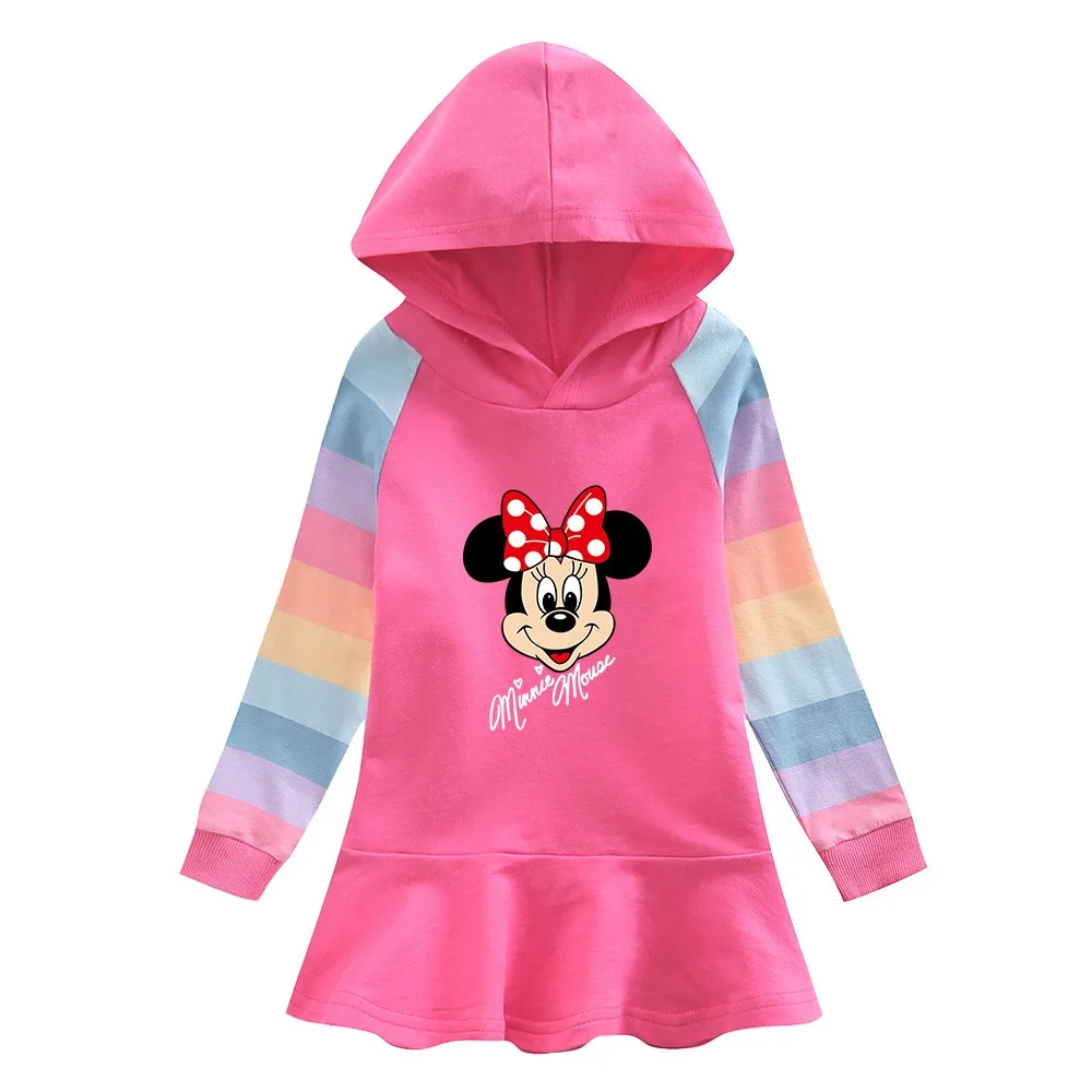 Quality Cotton Disney Girls Dress Minnie Mouse Autumn Bluey Clothing for Children Pink Long Sleeve Kids Clothes Hooded Fashion