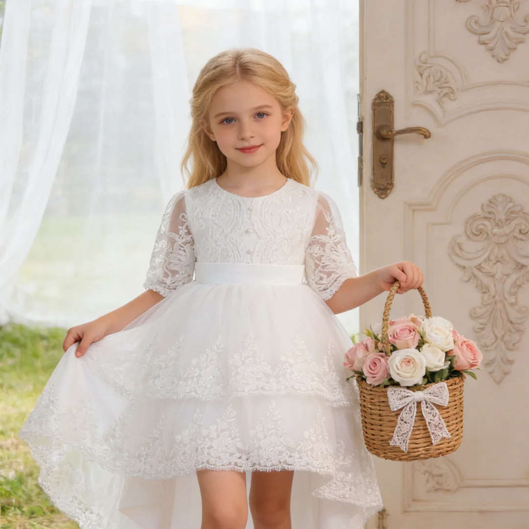 

Toddler Lace Trailing Skirt Mesh Ball Gown Elegant Party Baptism Birthday Wedding Princess Dresses Girl Bridesmaid Prom Costume