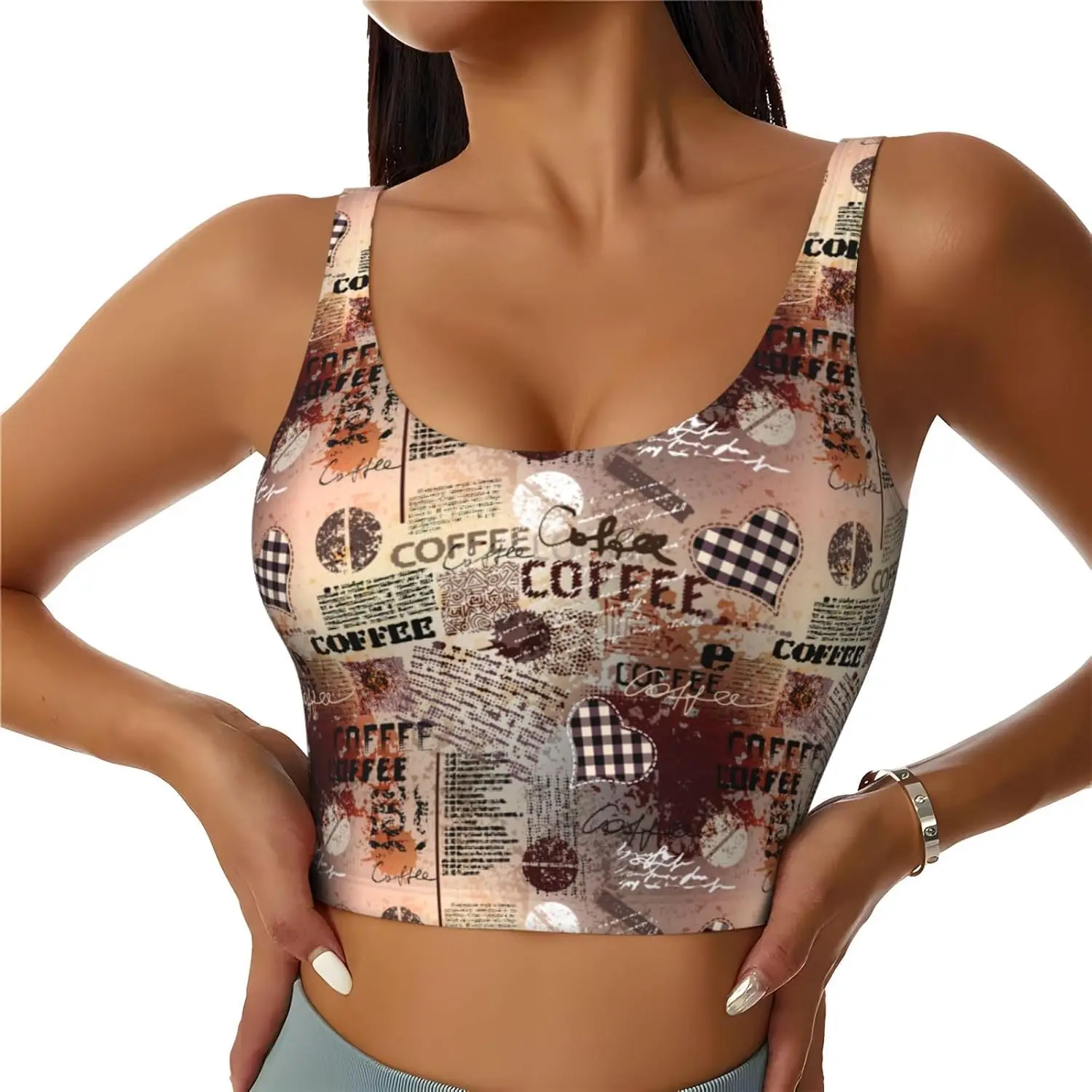 Vintage Coffee-Print Neck Yoga Crop Tank Tops Fitness Exercise Workout Running Top Removable Pads Outfits Soft