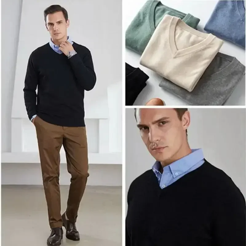 

Модные мужские свитера, повседневные облегающие базовые вязаные свитера с v-образным вырезом, пуловеры, мужские осенне-зимние теплые трикотажные топы, мужская одежда