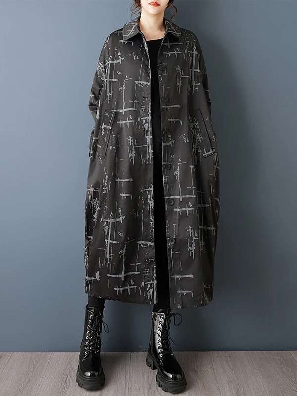 

Весна 2026, свободное двухслойное длинное пальто с принтом и воротником-стойкой, утягивающая женская модная верхняя одежда, повседневная ветровка с высокой талией